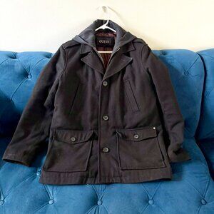 GUESS Men's Black Wool Hooded Coat Jacket with Red Quilted Puffer Lining | Large